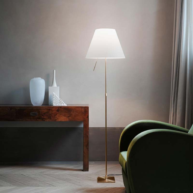 Luceplan Costanza floor lamp with switch and telescopic stem lamp